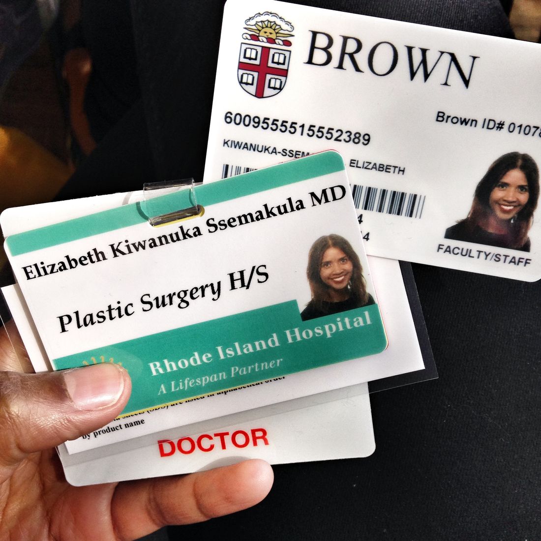 Dr. Kiwanuka's Brown University and Rhode Island Hospital identification badges