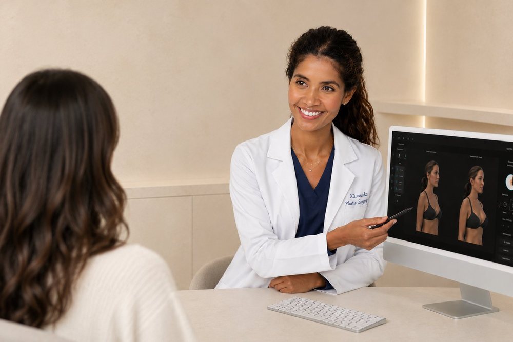 Dr. Kiwanuka reviewing 3D breast augmentation imaging with a patient in Manhattan