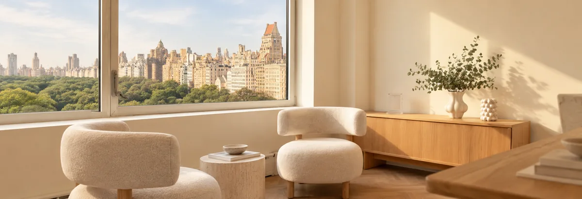 Dr. Kiwanuka's office at 30 Central Park South, with two armchairs by a window overlooking Central Park